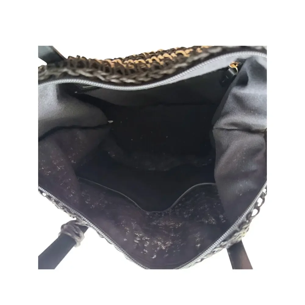 BTB Los Angeles Black Natural Striped Paper Straw Pom Pom Tote Beach Bag